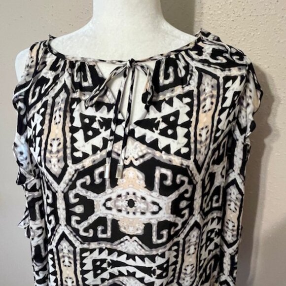 Sz S Alice & Trixie Silk Aztec Print Ruffle Cold Shoulder Shirt - Picture 8 of 14